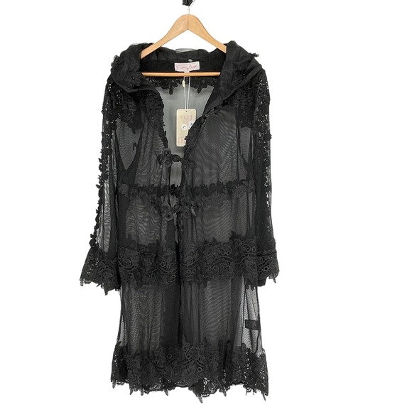 Pretty Angel Black Lace Duster Jacket Beaded Silk Blend Size L Whimsigoth Witchy - Picture 1 of 8